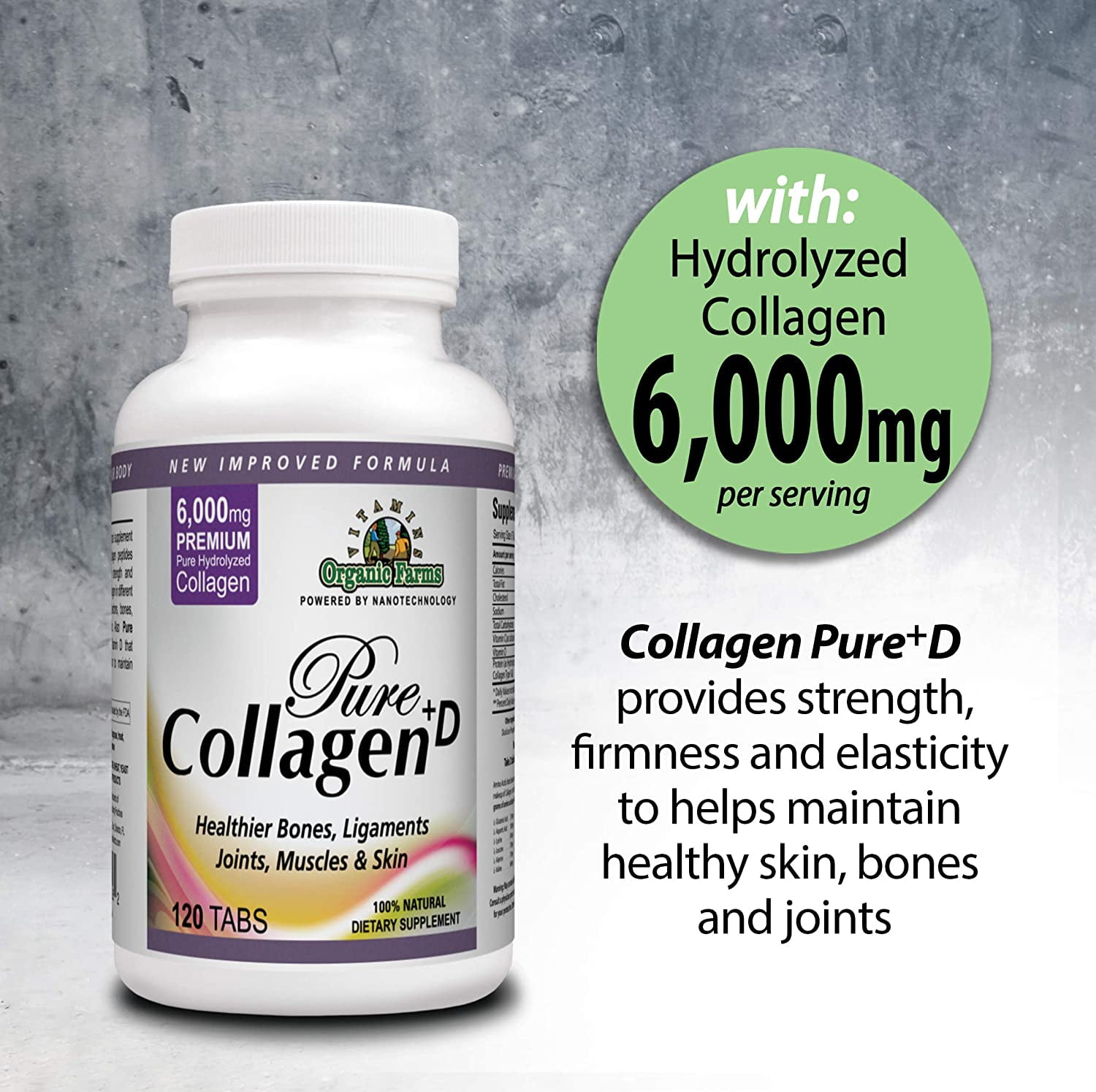 Collagen Pure+D, Premium Collagen Pills 6000mg, 120 Tablets