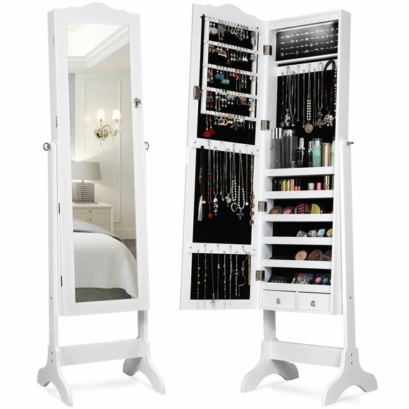 Gymax Mirrored Jewelry Armoire with LED Lights and Lockable Design, White