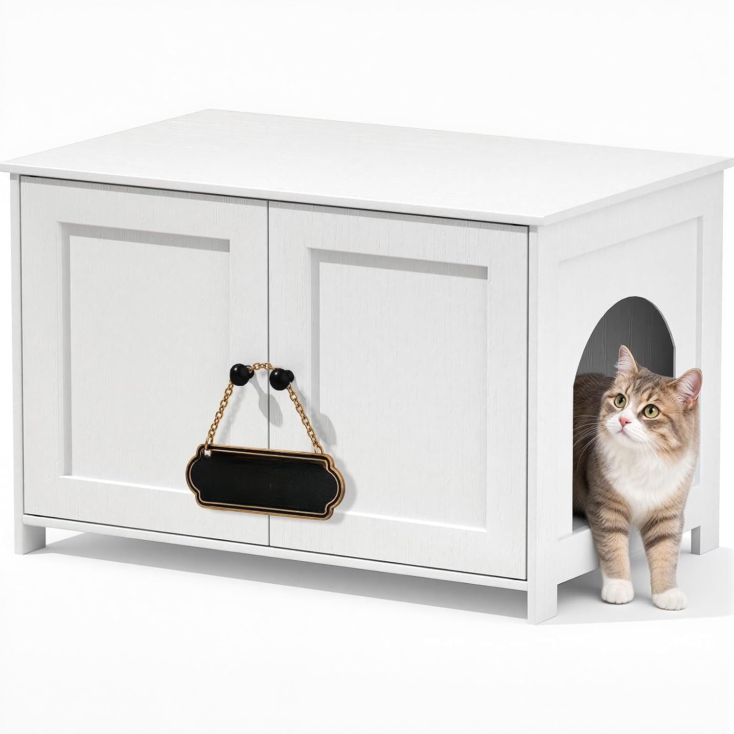 Litter Box Enclosure Furniture, Proof Kitty Washroom Cabinet with Odor Control, Low Entry Wooden House Cabinet Indoor, Style End Table/TV Stand with Storage, White
