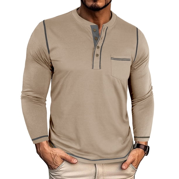 pstuiky manga larga de hombre, Camiseta informal de manga larga con cuello redondo y bolsillos abotonados para hombre, color liso, transpirable Tops casuales para hombres m