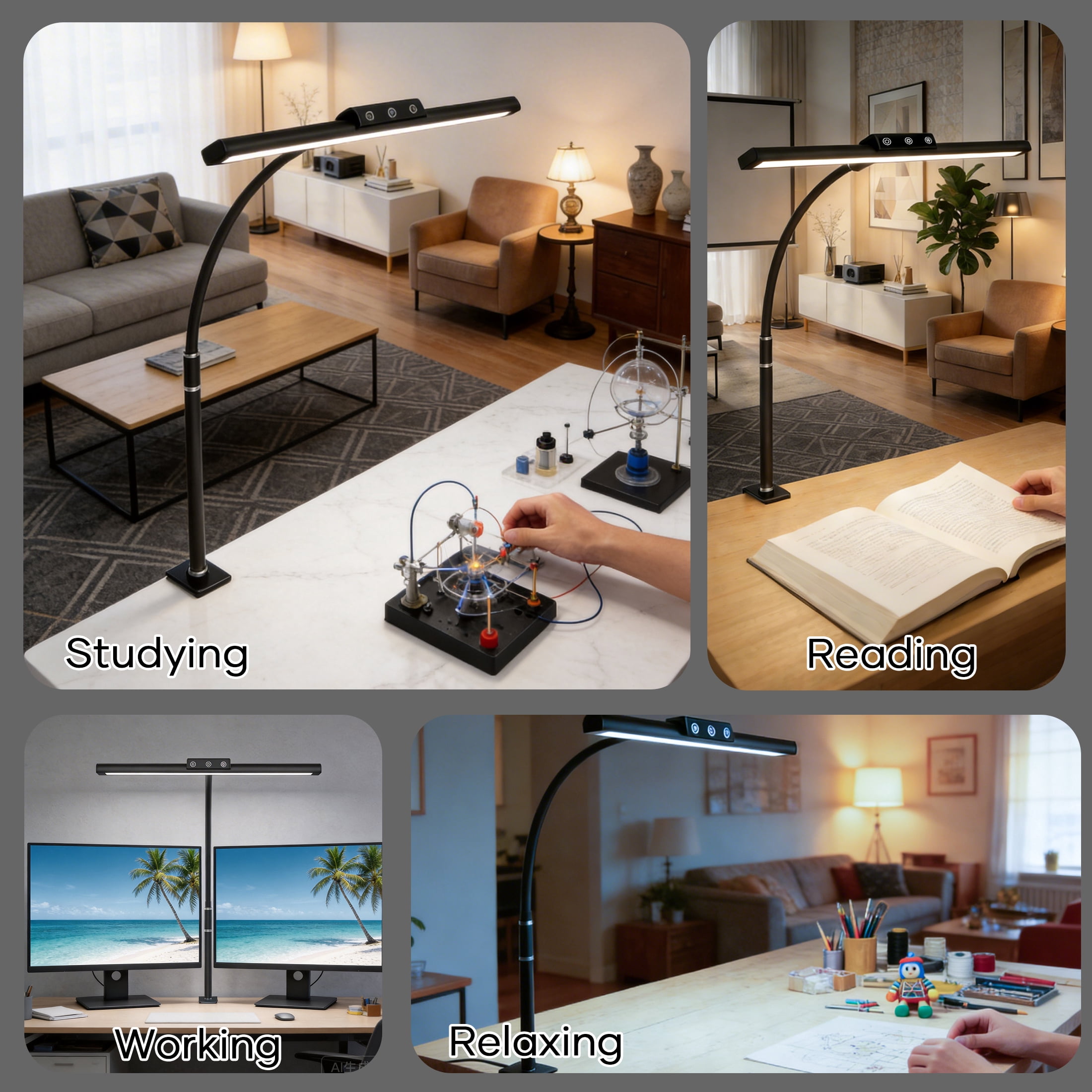 ORFELD LED Desk Lamp with Clamp, Stepless Dimming, Flexible Gooseneck for Office & Home, 8W USB Adapter Desk Light for Reading Study Workbench, Black