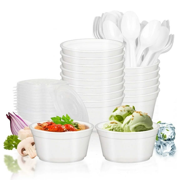 Styrofoam Bowls with Lids and Spoons, 12 oz, White, 150 Count, 50 Pack, Foam Bowls for Hot Cold Foods and Beverage