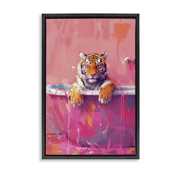 Stupell Industries Bright Bathing Tiger in Tub Animals Painting Black Floater Framed Canvas Art Print Wall Art, 17 x 25