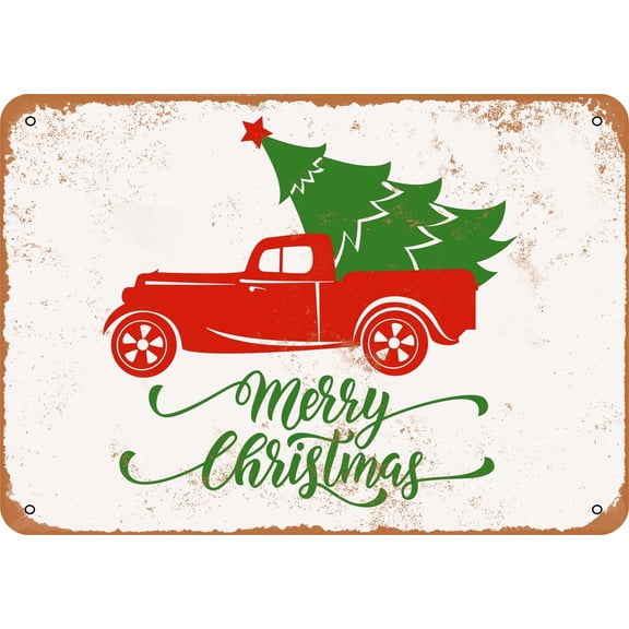 7 x 10 METAL SIGN - Christmas Truck and Tree - Vintage Rusty Look