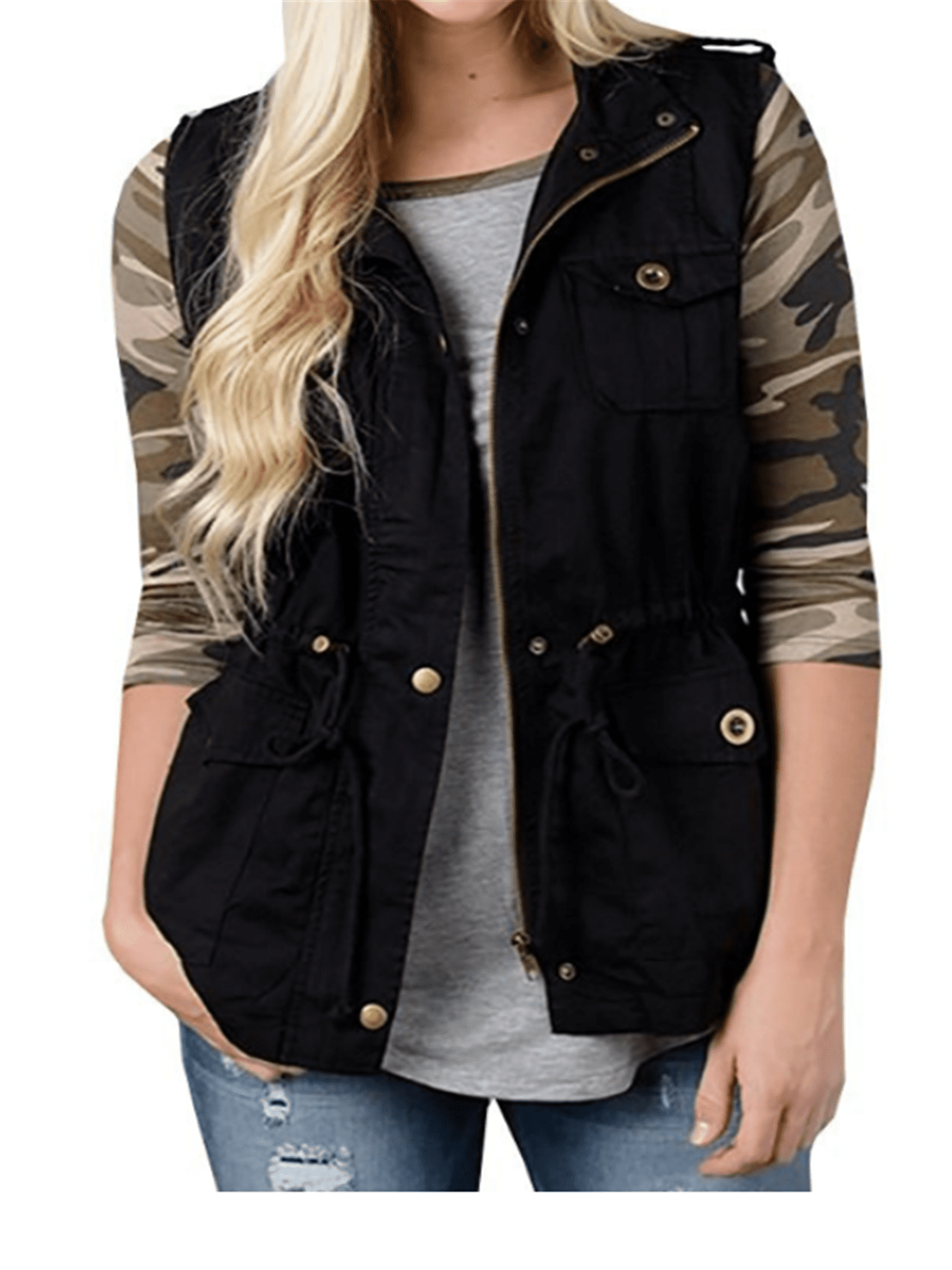 FINELOOK Women Cargo Utility Safari Vest Multi Pockets Zip Up Vest