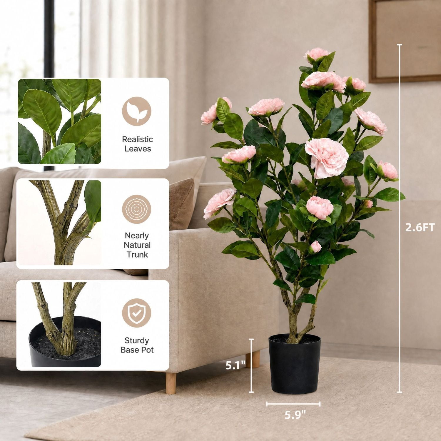 Easy4Home 2.6FT Artificial Flower Plant Fake Camellia Tree Potted Indoor, Pink