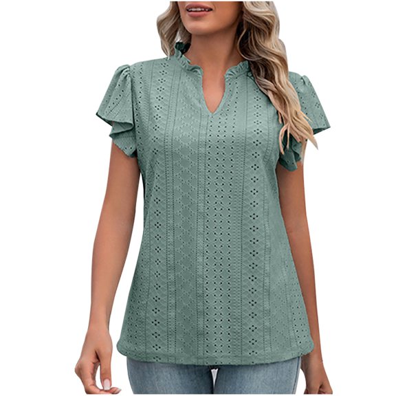 Zpanxa Women's Summer Top, V-Neck Short Sleeve Blouse with Broderie Anglaise Lace and High Neck, Flounced Cap Sleeves and Peplum Hem for a Dramatic Look