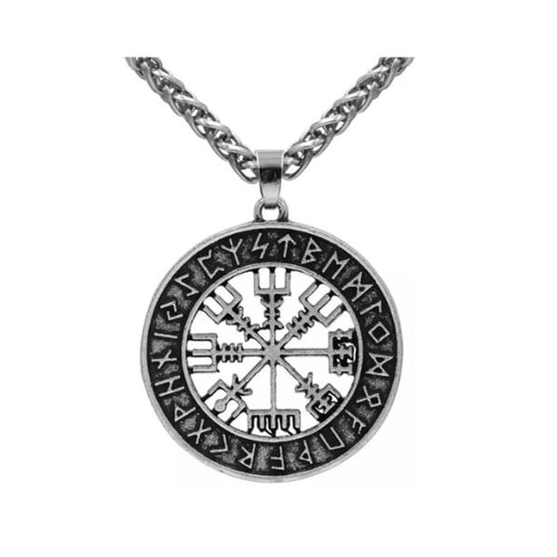 Collar Vikingo Hombre con Colgante de Brújula VegVisir, Amuleto Nordico Vintage, Collar Runas Vikingas - Acero Pavonado MADIOLA Vegvisir