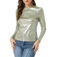 thumbnail image 4 of INSPIRE CHIC Women's Shiny Top Long Sleeve Round Neck Regular Fit Sparkly Evening Blouse L Silver Shiny, 4 of 6