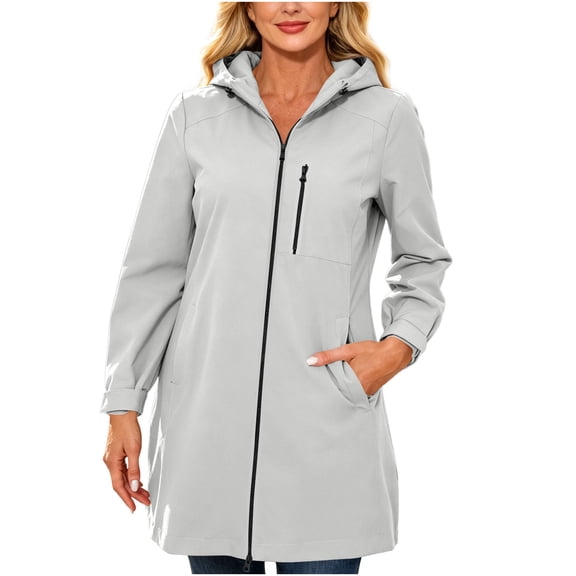 Levmjia Women Hooded Rain Jacket Waterproof Lightweight Long Sleeve Zip Up Mid Length Loose Fit Solid Color Outerwear Pockets Daily Commute Hiking Camping Travel Outdoor Casual