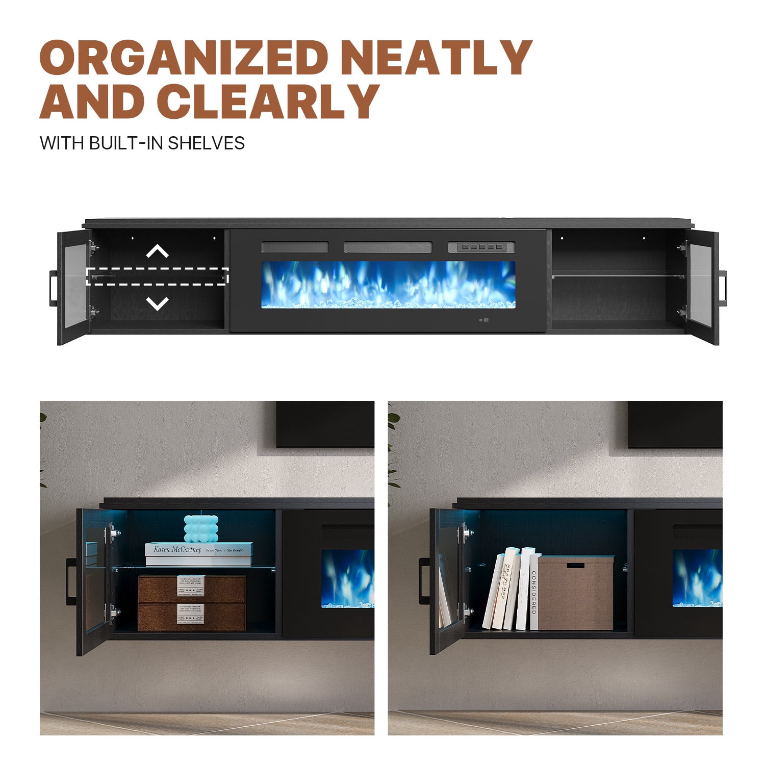 Sonegra Floating Fireplace TV Stand for TVs up 80", Wall Mounted Fireplace Entertainment Center, 70" Console Table with Electric Fireplace, Black