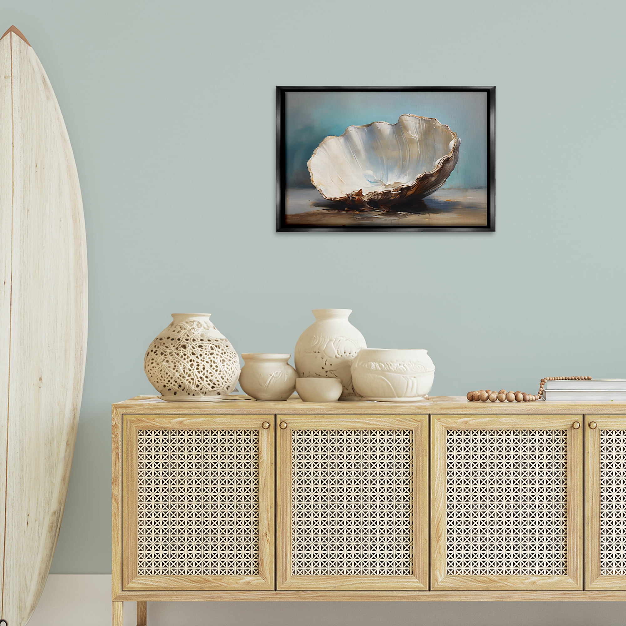 Stupell Industries Neutral Shell Still Life Nautical & Beach Painting Black Floater Framed Canvas Art Print Wall Art, 25 x 17