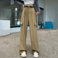 thumbnail image 2 of AJTQTH Women Cargo Pants Solid Color Side Pockets Straight-Leg Wide-Leg Work Trousers Casual Style Loose Slacks Khaki L, 2 of 3