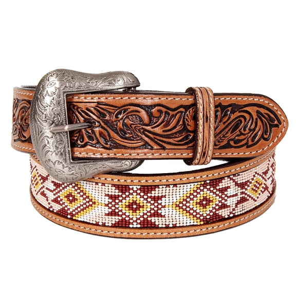 Bar H Equine Hand Carved Western Leather Belt Men Women Beaded Medium