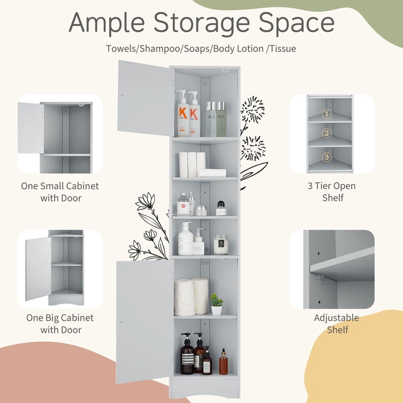 Triangular Corner Storage Cabinet with 2 Doors, Tall Bathroom Hutch Cabinet and Adjustable Shelves