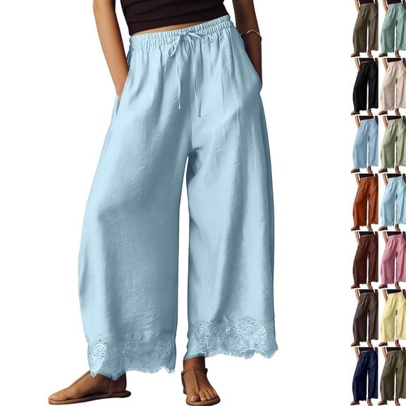 Cropped Lace Hem Wid Leg Pants for Women Summer High Waist Drawstring Balloon Lightweight Beach Trousers with Pockets Blue 2XL