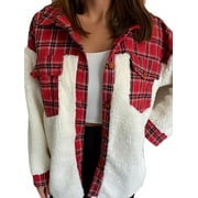 Kiapeise Womens Casual Plaid Fleece Pacthwork Button Down Long Sleeve Shirt Jacket Coat with Pockets