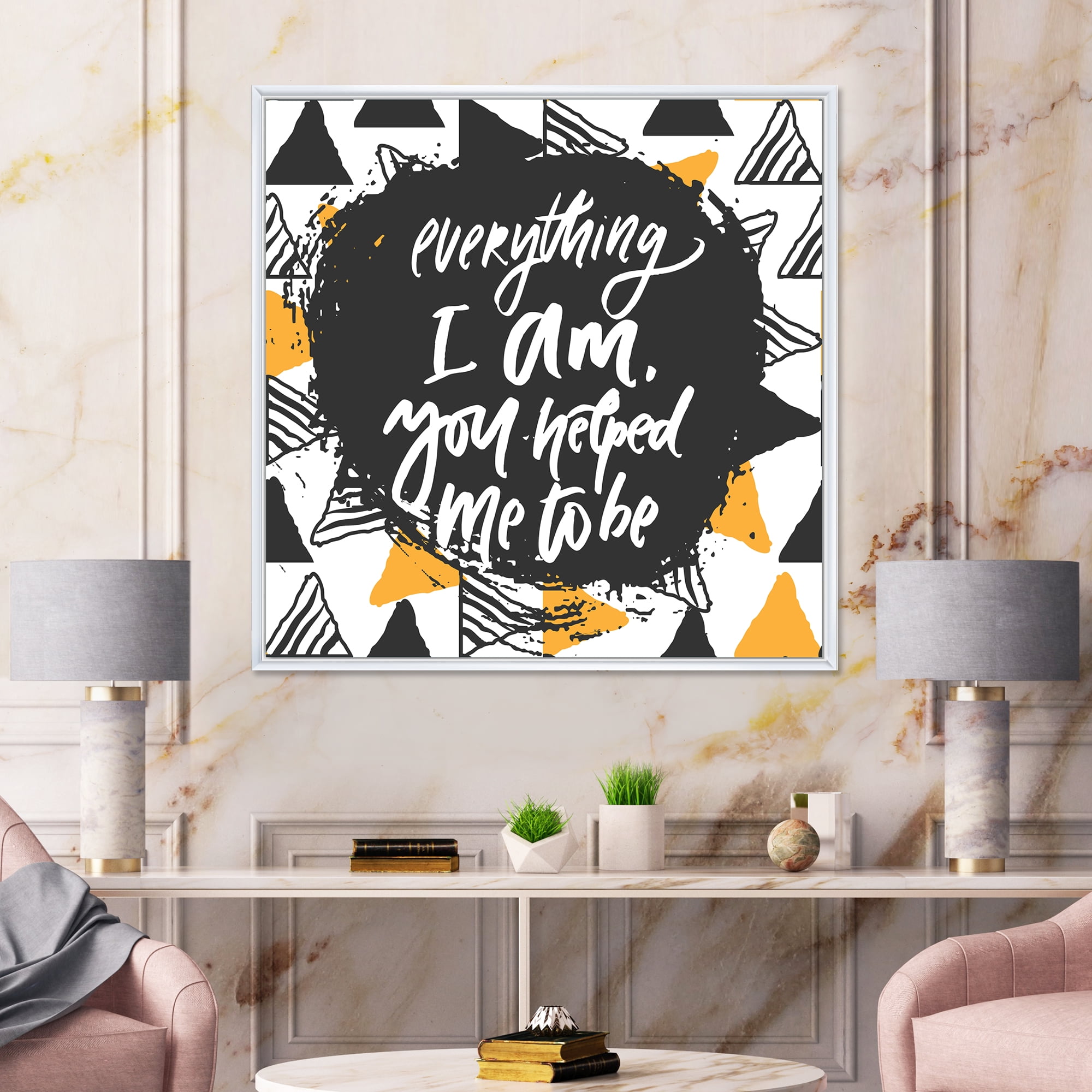 Designart 'Everything I Am You Helped Me To Be On Triangle Pattern' Mid-Century Modern Framed Canvas Wall Art Print
