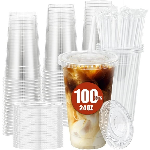 100 Pack - 24 oz Clear Plastic Cups with Lids and Straws, Food Safe Iced Coffee Cups, Disposable Plastic Cups for Cold Drinks, Smoothies, Iced Coffee