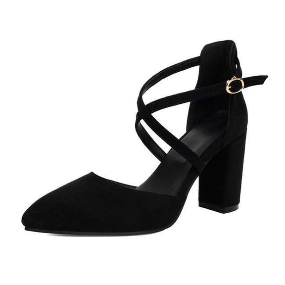 SACFOF Women's Pumps Chunky Closed Pointed Toe Block Heels for Women Dress Shoes Elastic Crisscross Strappy 3.15 Inch Comfortable for Wedding Bridal
