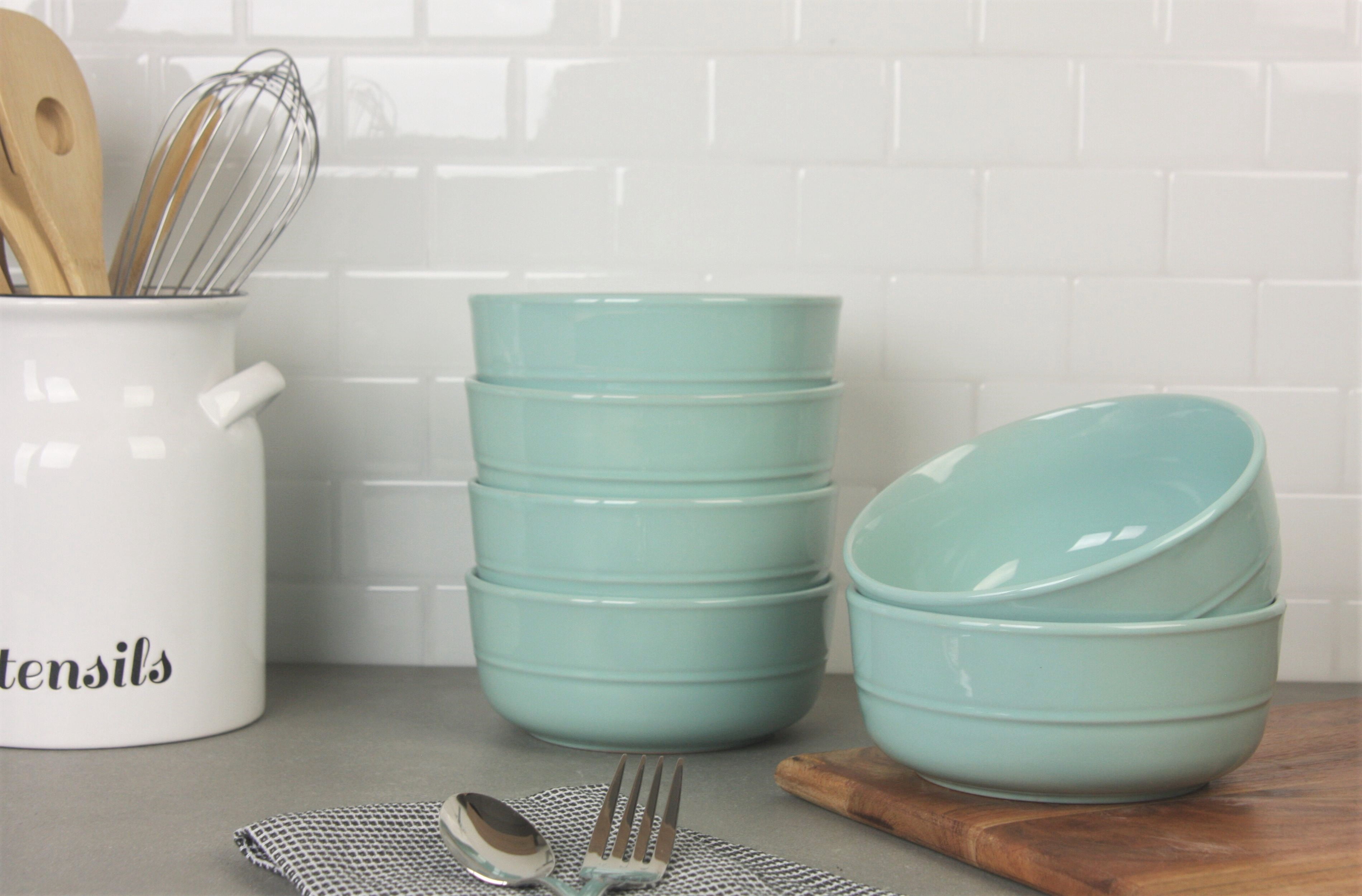 10 Strawberry Street Double Line 6.25"/24 oz Round Cereal Bowl, Set of 6, Seafoam