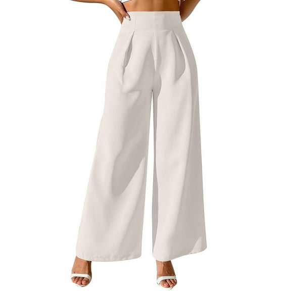 UAMVSH Work Pants for Women Casual Palazzo Wide Leg Business Dressy Pants Soft High Waist Pleated Front Trendy Suit Pants(X-Large,White)