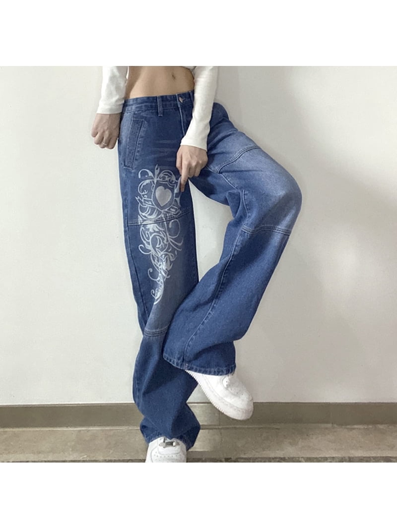 MASUCOR Vrouwen Y2K Low Rise Baggy Jeans Loose Fit Boyfriend Straight Wide Leg Denim Broeken Streetwear Broeken Alle Seizoenen Outfits Comfortabele Katoenen Losse Jeans(Blue,S