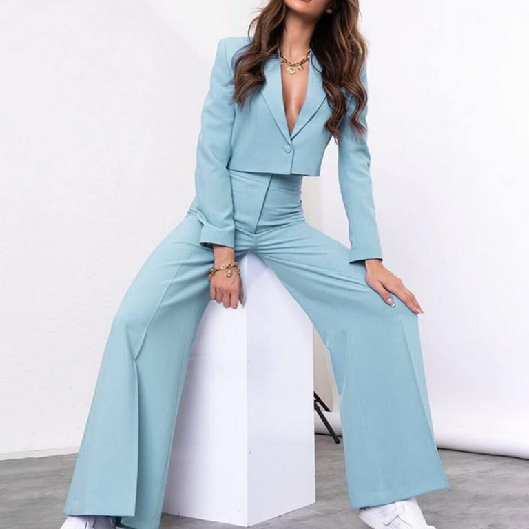 Light Blue Pantsuit for Women, Blazer Trouser Suit Set for Women