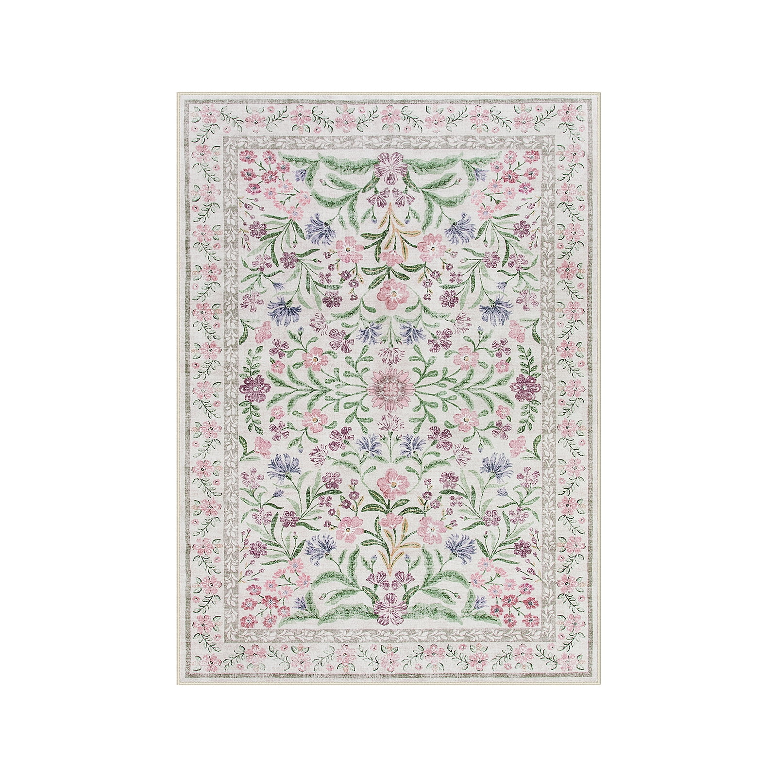 Lahome 5'x7' Washable Area Rug for Living Room with Non Slip Backing,Traditional Boho Rug,Low Pile Lightweight Carpet,Floral Print Mat,Better Home,Washable Machine for Bedroom,Purple