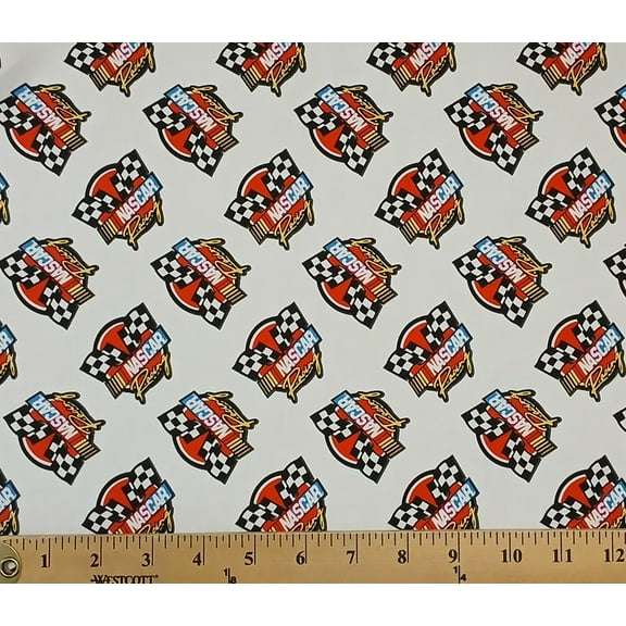 Cotton Retro Racing White NASCAR Logos Flags Auto Sports Camelot Fabrics Cotton Fabric Print by the Yard (39190106-01)