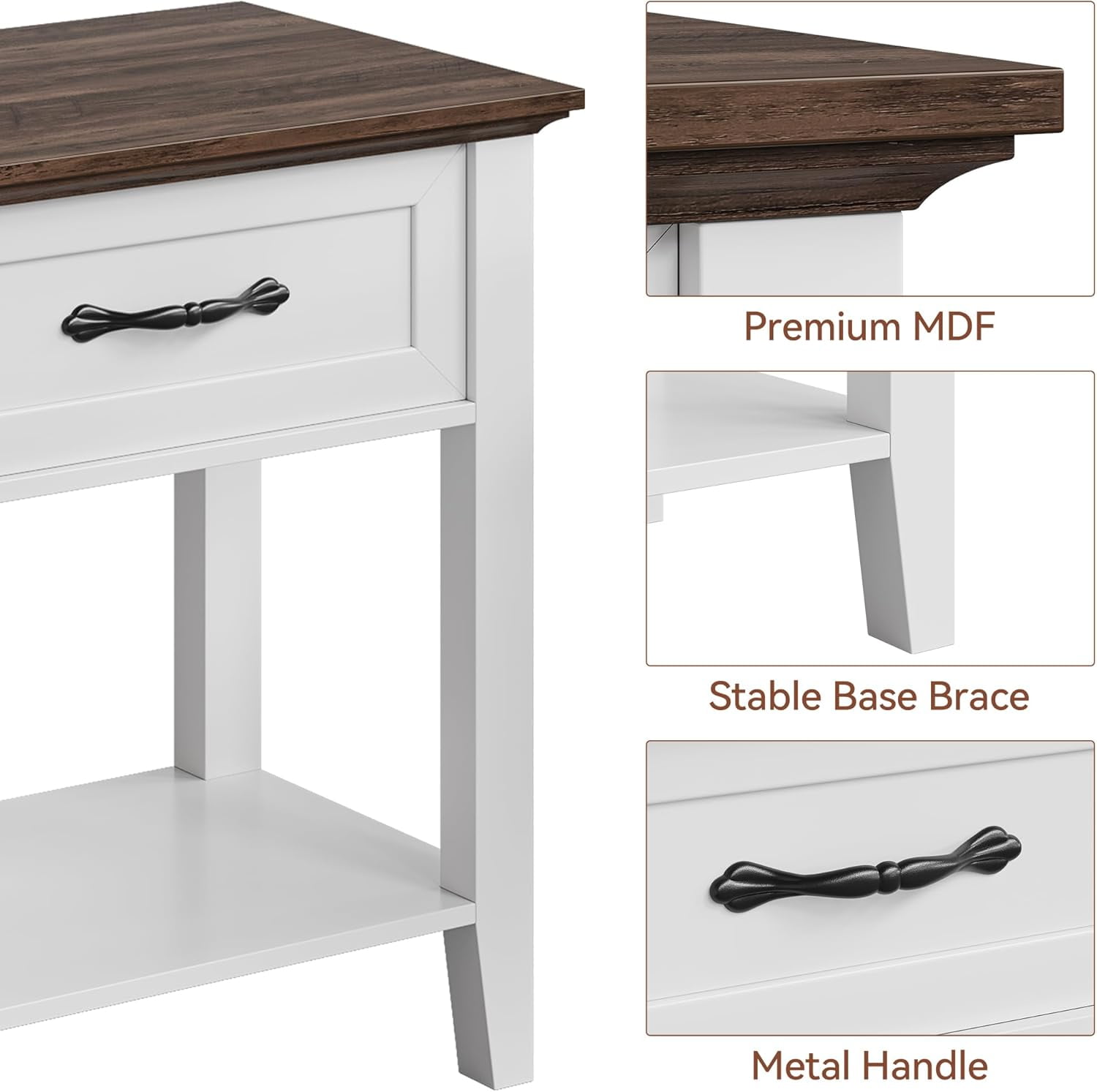 Homhougo Nightstand Set of 2 with Drawer & 2 Tiers Storage Shelves, End Table with Handle for Bedroom, Living Room, Easy Assembly