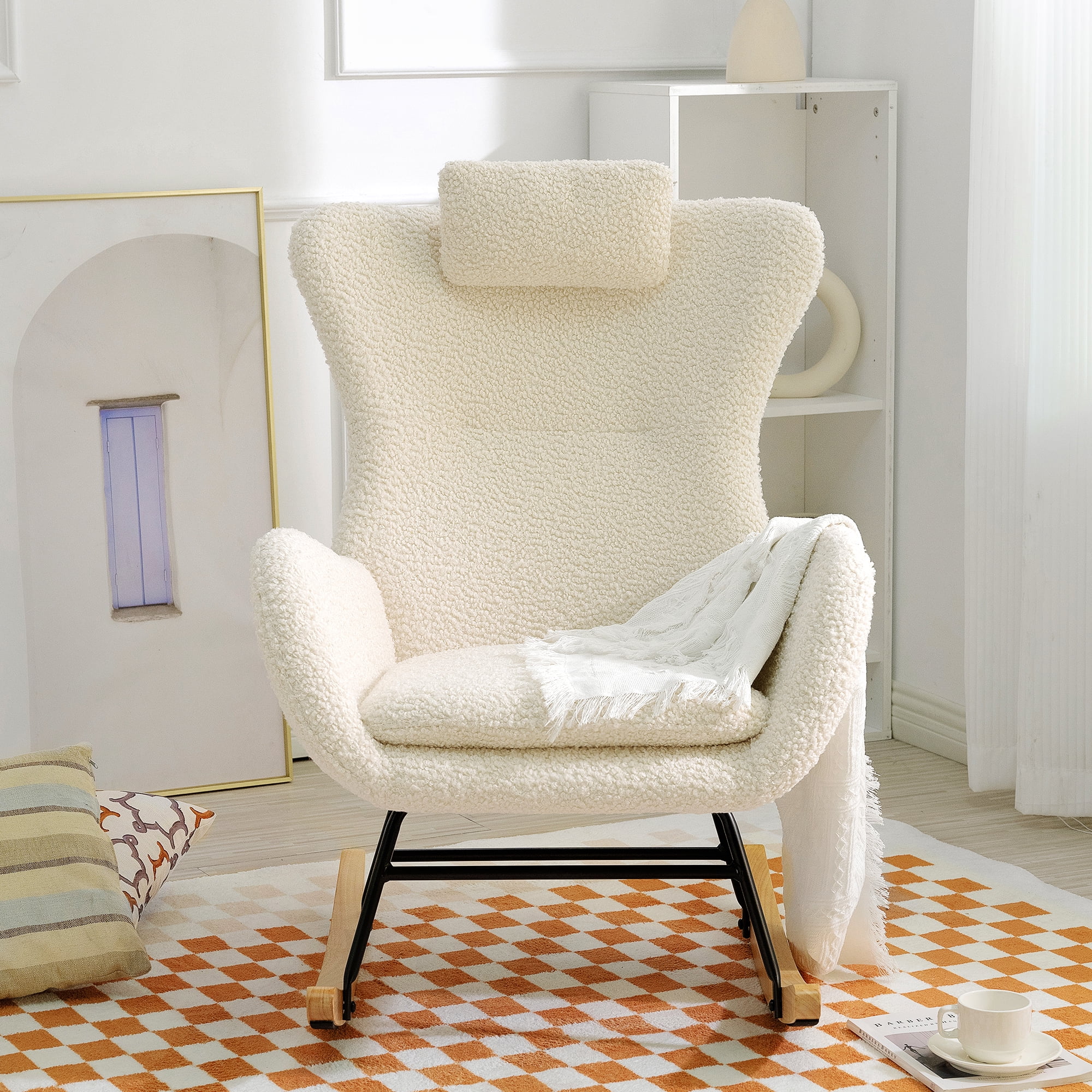 New Rocking Chair Nursery, Teddy Upholstered Rocker Glider Chair with High Backrest, Adjustable Headrest & Pocket, Comfy Glider Chair for Nursery, Bedroom, Living Room, Offices, Rubber wood, beige