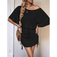 thumbnail image 5 of Women'S Dresses Solid Drawstring Side Batwing Sleeve Dress Dress for Women Black S, 5 of 7