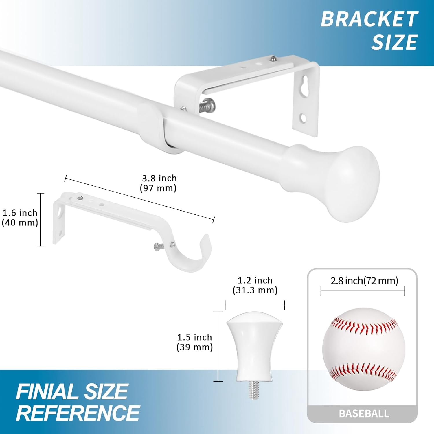 Urbanest Adjustable Single Curtain Rod Set Buckingham Finials – 5/8-Inch Diameter, With Glossy White Rod, 84–120 Inches