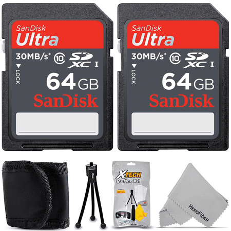 Sandisk 128GB SD Card Class 10 UHS-1 (2 x 64GB Cards) High Speed Memory Card + Xtech Camera Starter Kit with Memory Card Wallet Keeper, Screen Protectors, HeroFiber Cloth +