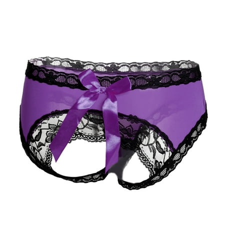 

CLZOUD Cheeky Underwear Purple Polyester Fibre Women s Low Waist Seductive Open Hollow Breathable Bow Transparent Underwear