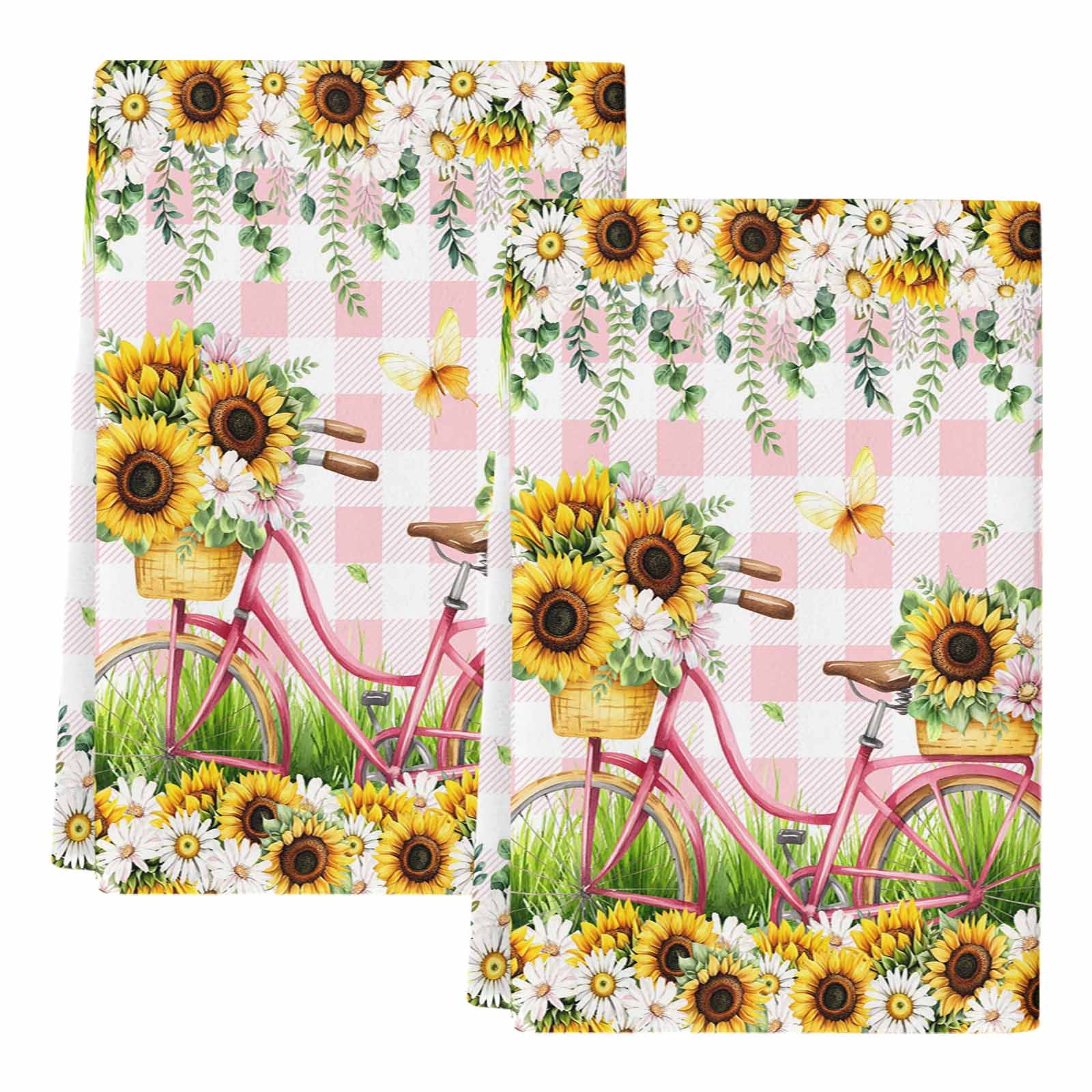 Spring Kitchen Towels Set of 2, Bicycles Blossom Botanical Sunflowers Pink Plaid Absorbent Dish Towels for Kitchen, Microfiber Hand Towel, Quick Drying Tea Towel for Cleaning Decorative Dishcloths
