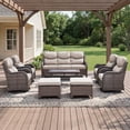 thumbnail image 5 of Opohoro 8 PCS Outdoor Patio Conversation Set, Weather Resistant Wicker Sofa Set with 4 Patio Swivel Chairs, Coffee Table and Ottomans for Deck, Backyard, Brown/Beige, 5 of 15
