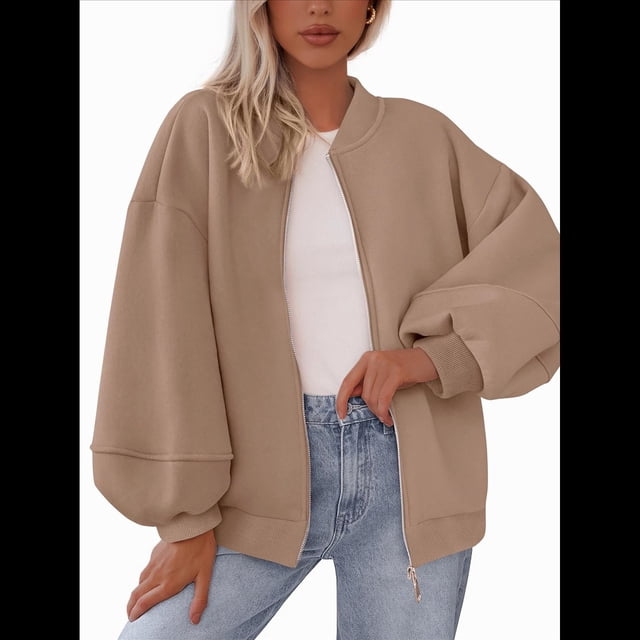Sudaderas Oversize con Cremallera para Mujer, Moda de Otoño, Abrigos Casuales de Larga, Conjuntos de Invierno. Caqui XL