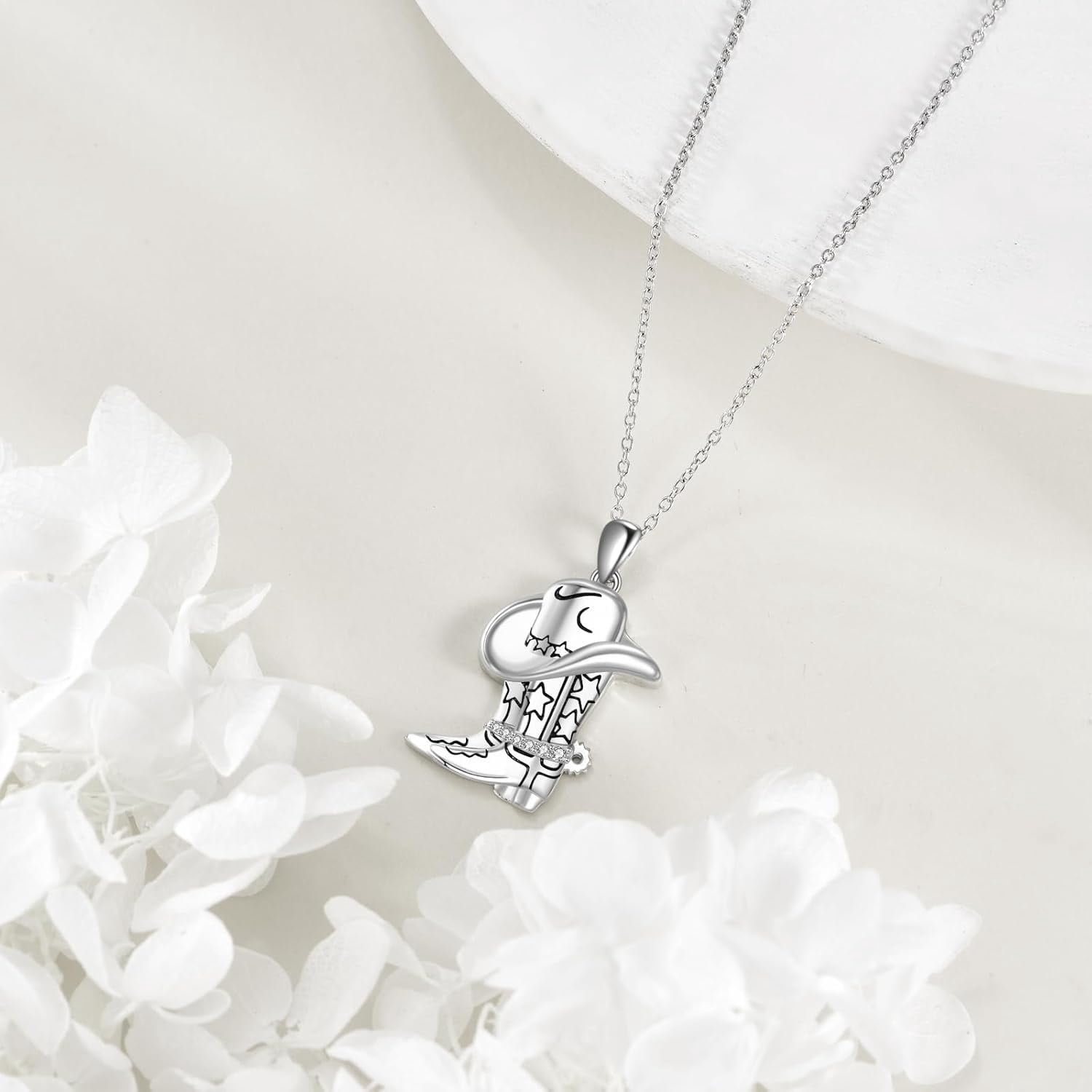 Cowboy Boot Necklace 925 Sterling Silver Cowgirl Hat Pendant Necklaces Western Country Jewelry Equestrian Gift for Women Men Cowboys Cowgirls Horse Lovers