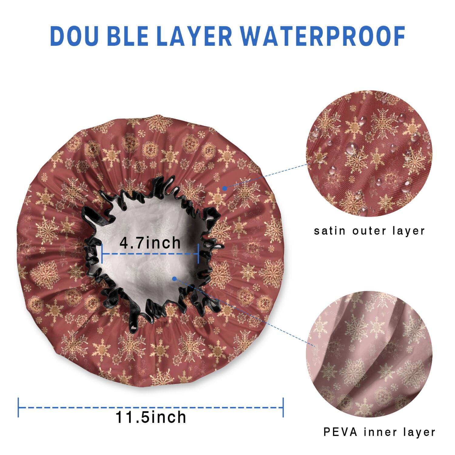Shower Caps,Red Christmas Snowflake Pattern Waterproof Shower Cap for Women 4 Pieces,Double Reusable Hair Cover for Shower PEVA Elastic Stretch Hem