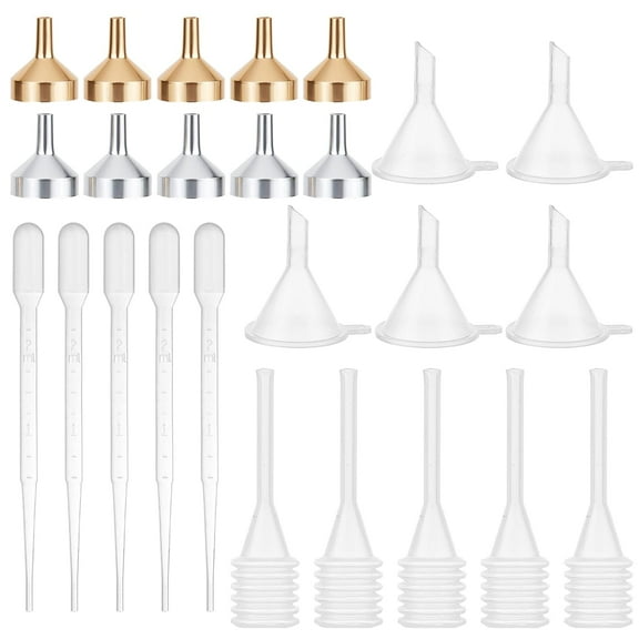 25Pcs 5 Style Small Metal Funnels Essential Oil Funnel Kit and Dropper with Plastic Transfer Pipettes