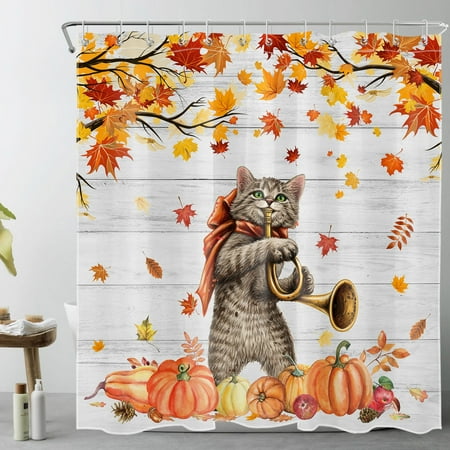 HVEST Fall Harvest Pumpkin Shower Curtain for Bathroom,Cute Cat and Fall Leaves on Vintage Grey Wood Fabric Shower Curtain with Hooks,Farmhouse Thanksgiving Bathroom Curtain Shower Set, 69x70 inches