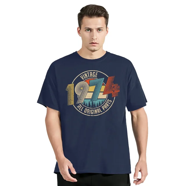 Camiseta vintage de algodón para hombre, talla grande, estilo vintage, de verano, informal, para fitness, cuello redondo, 1974