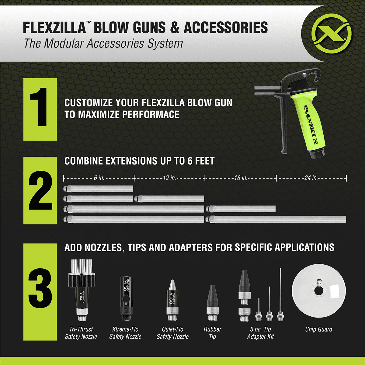 Legacy Manufacturing Flexzilla X3 Blow Gun Kit 11-Piece, ZillaGreen