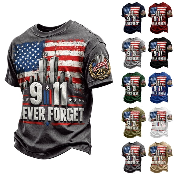 9/11 Shirt for Men Never Forget 911 T Shirt 25th Anniversary USA Shirts American Flag Patriotic Short Sleeve Tops, 3XL