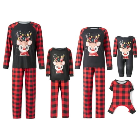 

Family Matching Pajamas Adult Kids Christmas Deer Print Long Sleeve Tops and Stretch Casual Plaid Pants Sleepwear