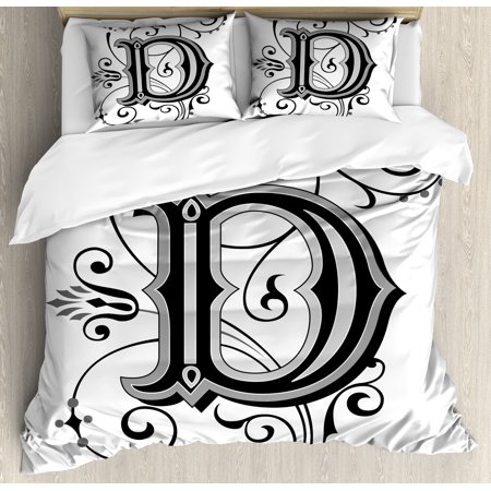 Black White Bedding Letter D Duvet Cover Set, Initial Letter from Medieval Scrolls Capital D Symbol Medieval Design Print, Decorative Bedding Set with Pillow Shams, Black Grey White, by Ambesonne ()