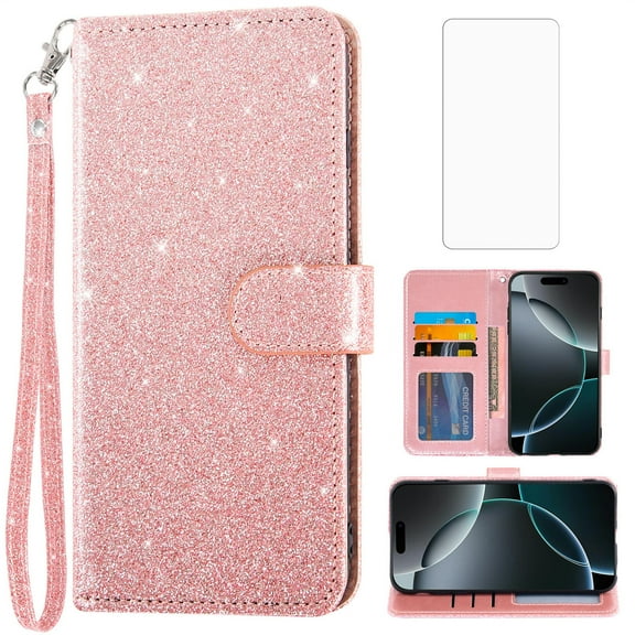 Asuwish Compatible with iPhone 17 Pro 6.3 inch Wallet Phone Case and Tempered Glass Screen Protector Flip Credit Card Holder Stand Bling Glitter Cell Cover for i Phone17 i17 17Pro Women Men Rose Gold