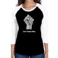 thumbnail image 1 of LA Pop Art Women's Raglan Baseball Word Art T-shirt - Love Trumps Hate Fist, 1 of 2